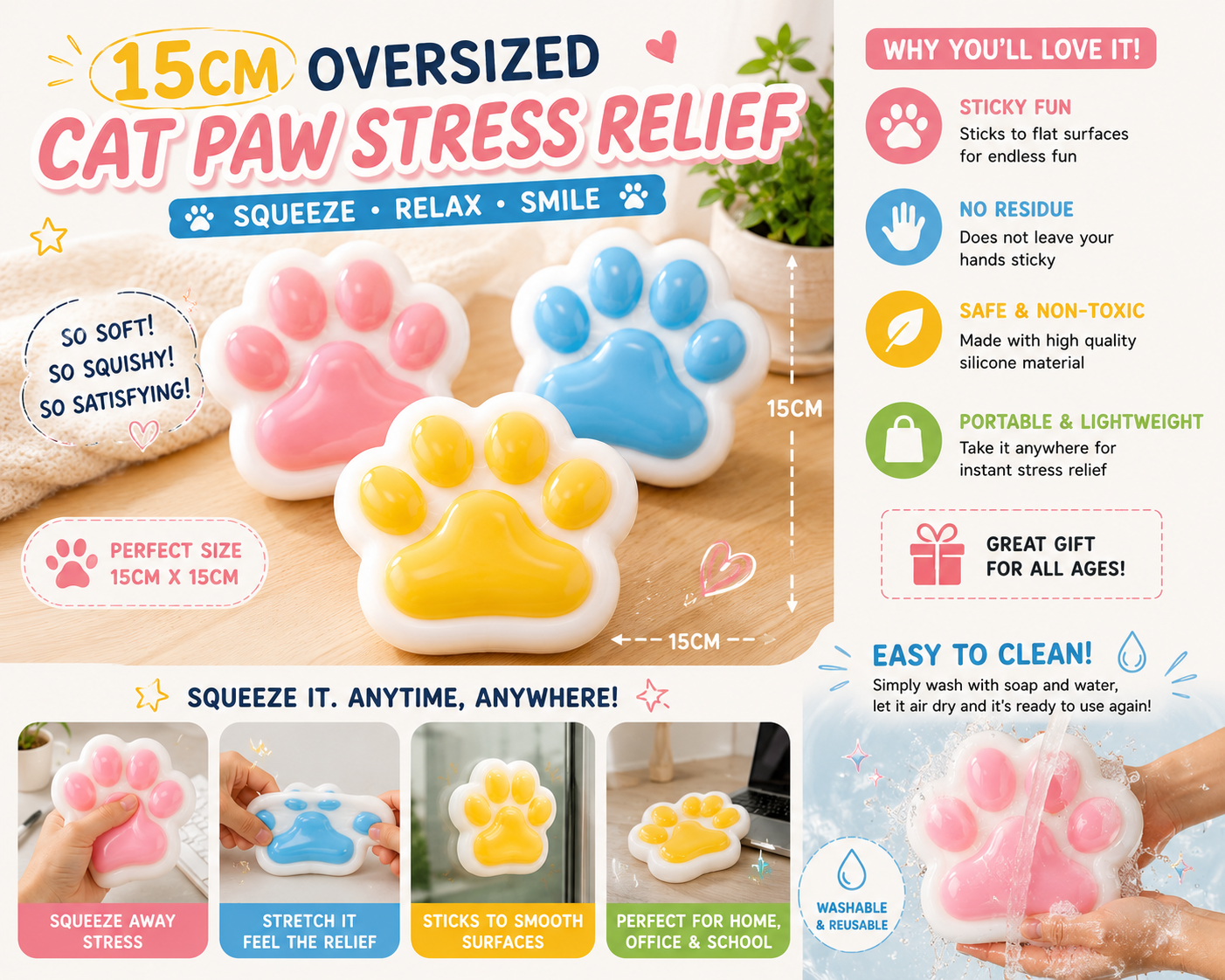 15CM Cat Paw Squishy – Soft, Sticky & Satisfying Fidget Toy